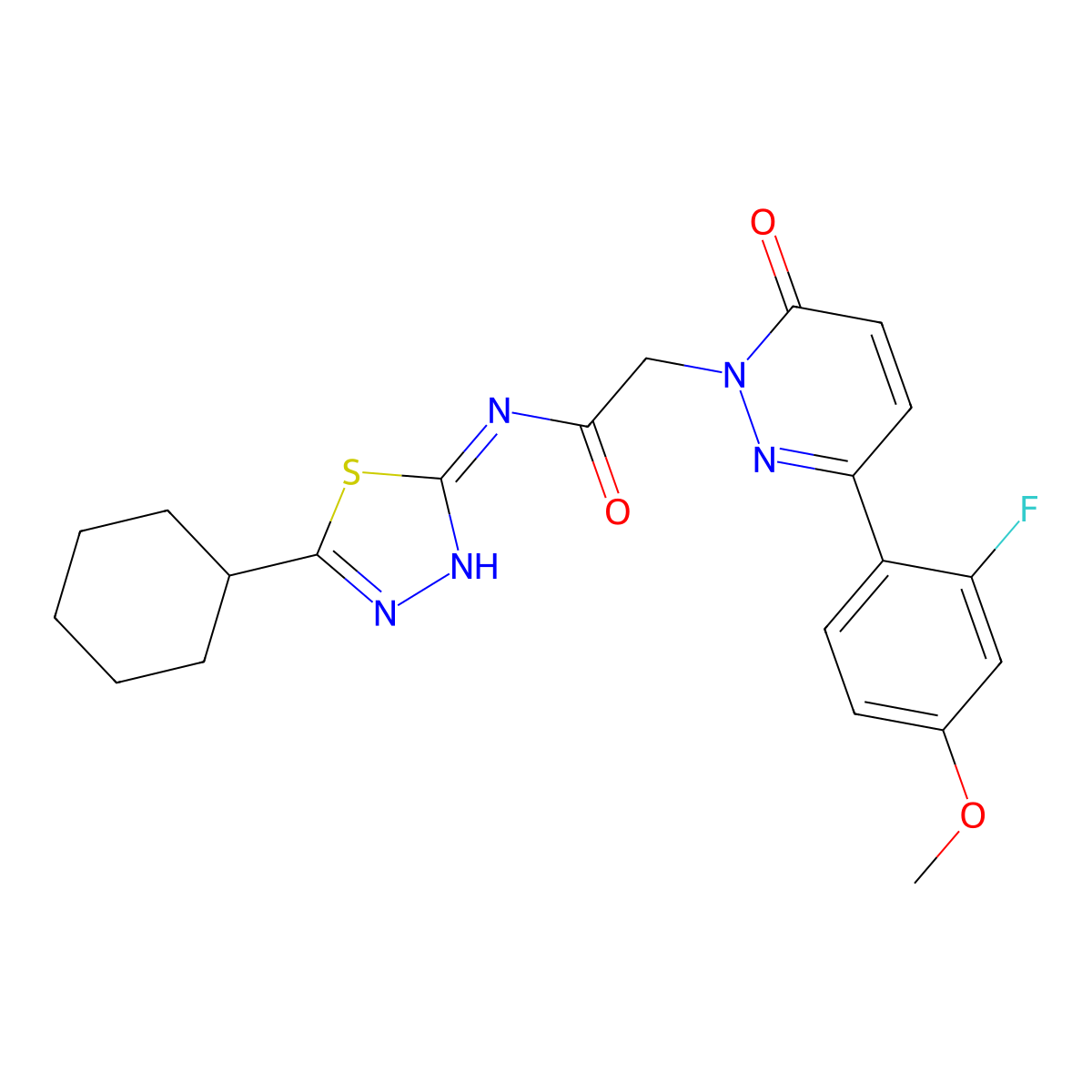 N-[(2E)-5-cyclohexyl-1,3,4-thiadiazol-2(3H)-ylidene]-2-[3-(2-fluoro-4-methoxyphenyl)-6-oxopyridazin-1(6H)-yl]acetamide molecular structure, CAS 1246073-72-2