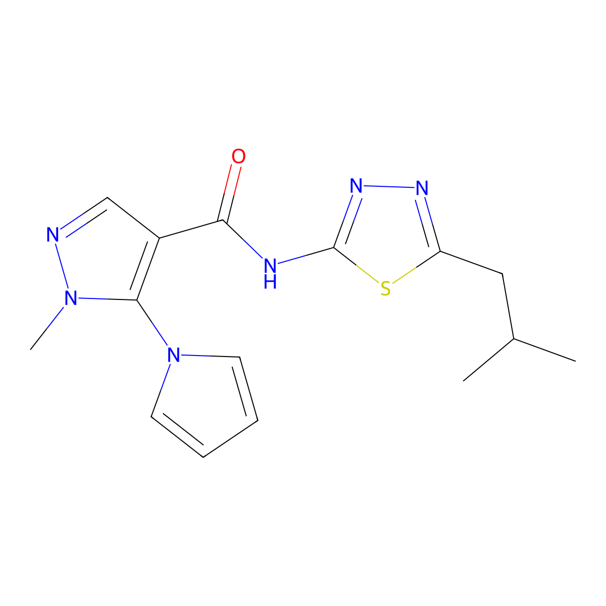 1-methyl-N-[(2Z)-5-(2-methylpropyl)-1,3,4-thiadiazol-2(3H)-ylidene]-5-(1H-pyrrol-1-yl)-1H-pyrazole-4-carboxamide molecular structure, CAS 1246074-39-4