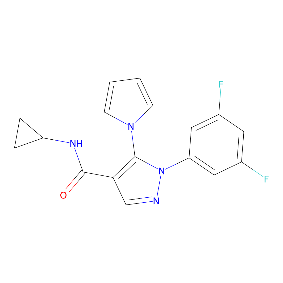 N-cyclopropyl-1-(3,5-difluorophenyl)-5-(1H-pyrrol-1-yl)-1H-pyrazole-4-carboxamide molecular structure, CAS 1246075-46-6