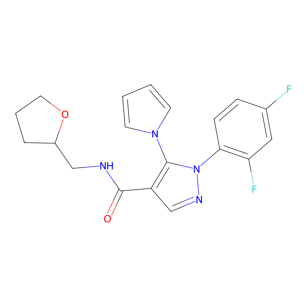 1-(2,4-difluorophenyl)-5-(1H-pyrrol-1-yl)-N-(tetrahydrofuran-2-ylmethyl)-1H-pyrazole-4-carboxamide molecular structure, CAS 1246076-23-2