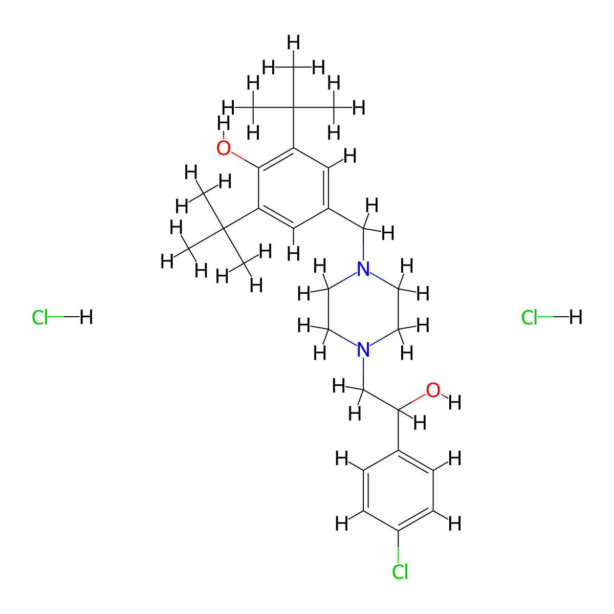 2,6-Di-tert-butyl-4-{4-[2-(4-chloro-phenyl)-2-hydroxy-ethyl]-piperazin-1-ylmethyl}-phenol dihydrochloride molecular structure, CAS 1246094-77-8
