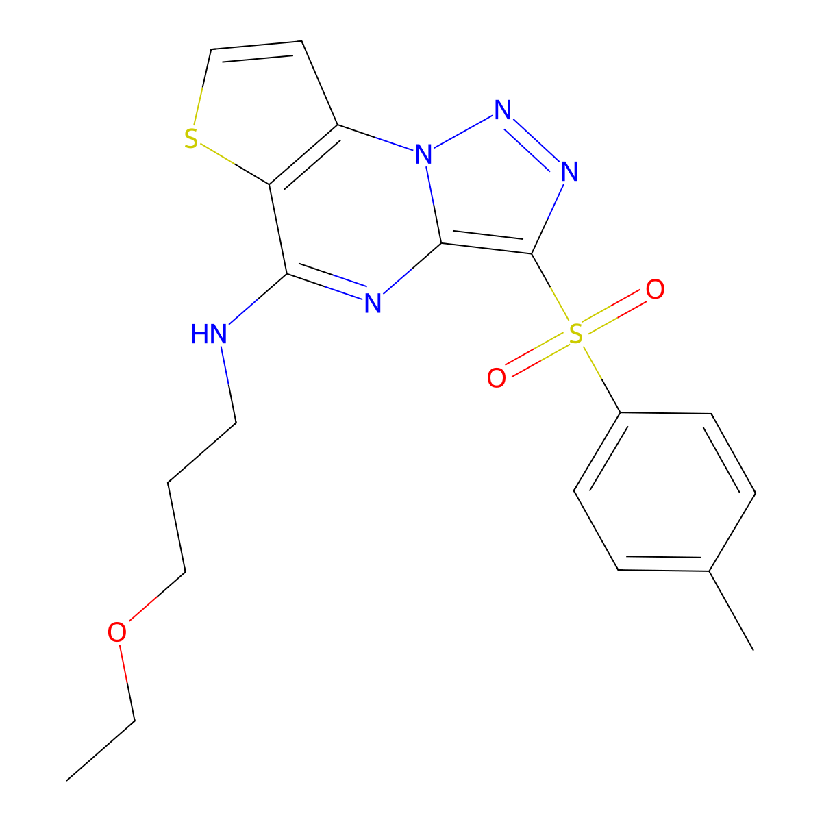 N-(3-ethoxypropyl)-10-(4-methylbenzenesulfonyl)-5-thia-1,8,11,12-tetraazatricyclo[7.3.0.0^{2,6}]dodeca-2(6),3,7,9,11-pentaen-7-amine molecular structure, CAS 1246179-05-4