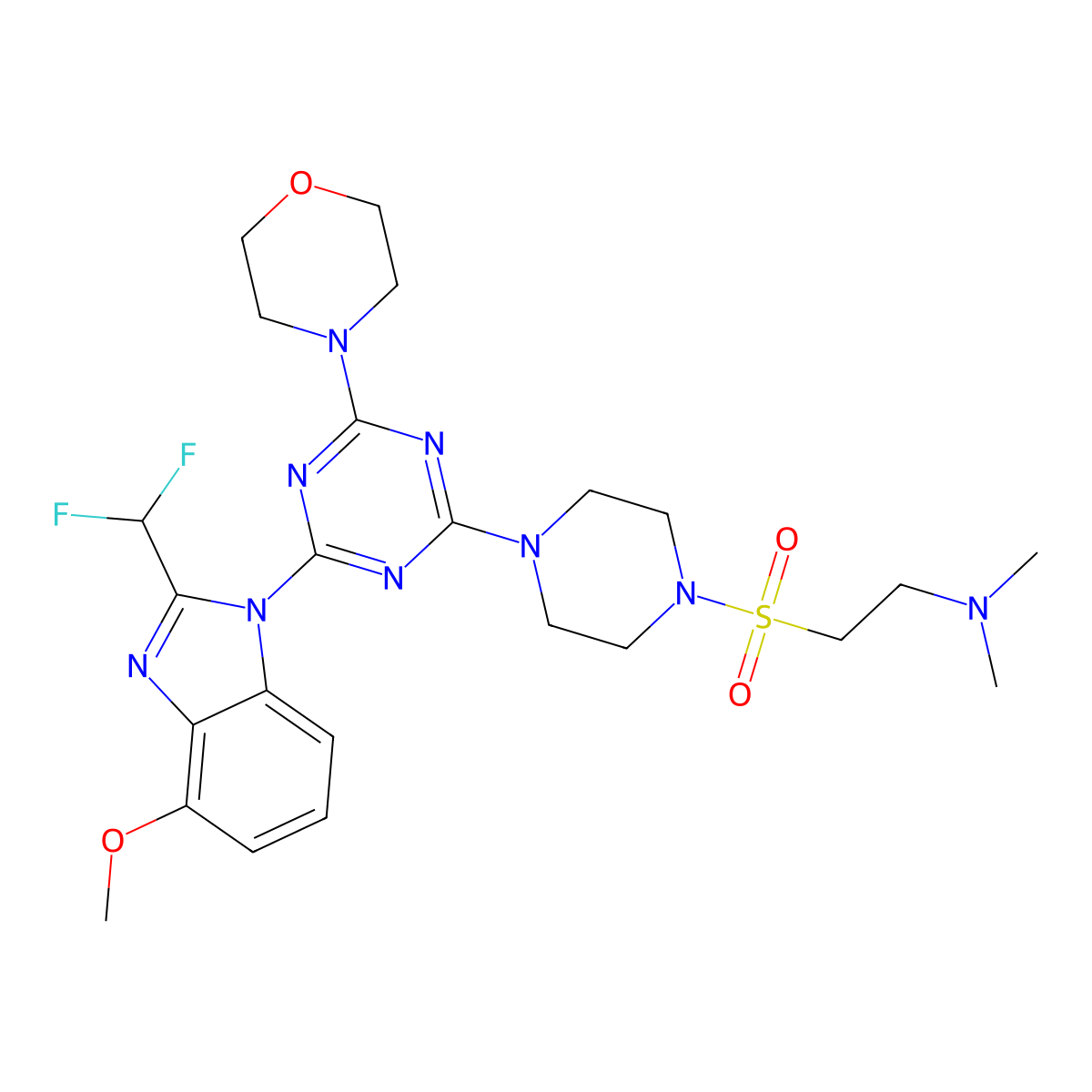 N-[2-({4-[4-[2-(difluoromethyl)-4-methoxy-1H-benzimidazol-1-yl]-6-(4-morpholinyl)-1,3,5-triazin-2-yl]-1-piperazinyl}sulfonyl)ethyl]-N,N-dimethylamine molecular structure, CAS 1246202-11-8