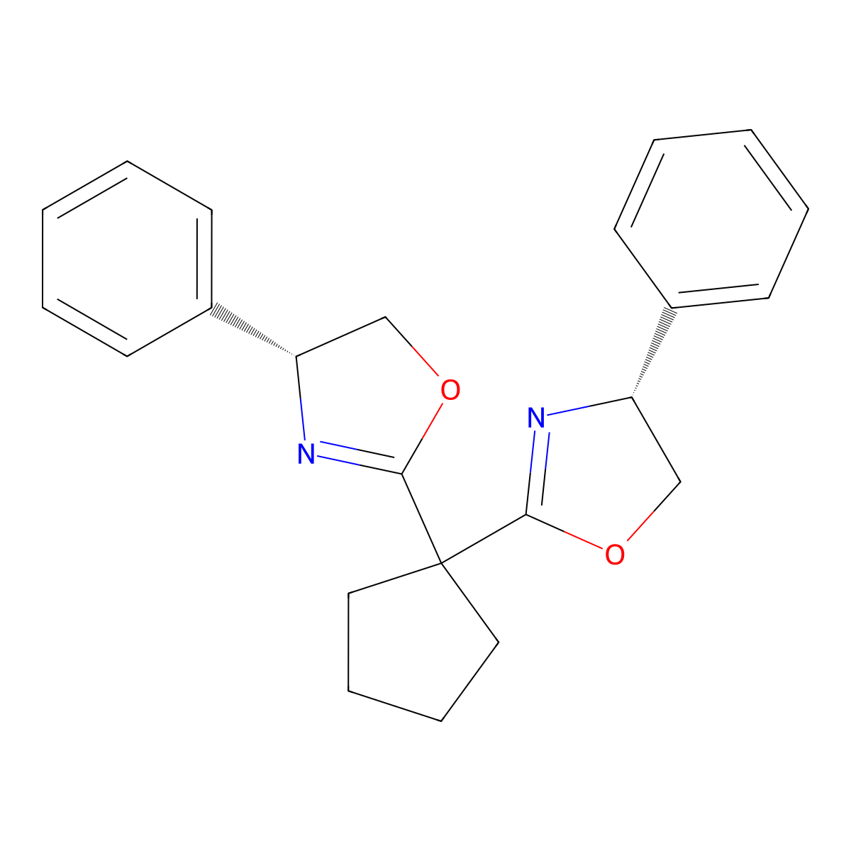 (4R,4'R)-2,2'-(cyclopentane-1,1-diyl)bis(4-phenyl-4,5-dihydrooxazole) molecular structure, CAS 1246401-49-9