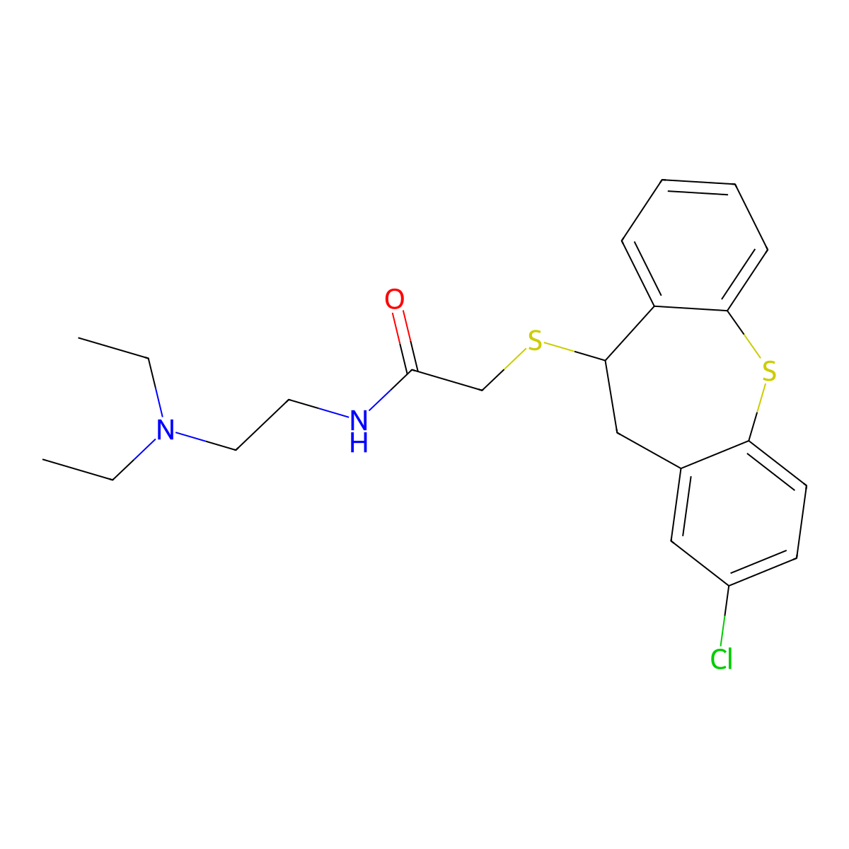 Acetamide, 2-((2-chloro-10,11-dihydrodibenzo(b,f)thiepin-10-yl)thio)-N-(2-(diethylamino)ethyl)-, (+-)- molecular structure, CAS 124645-45-0