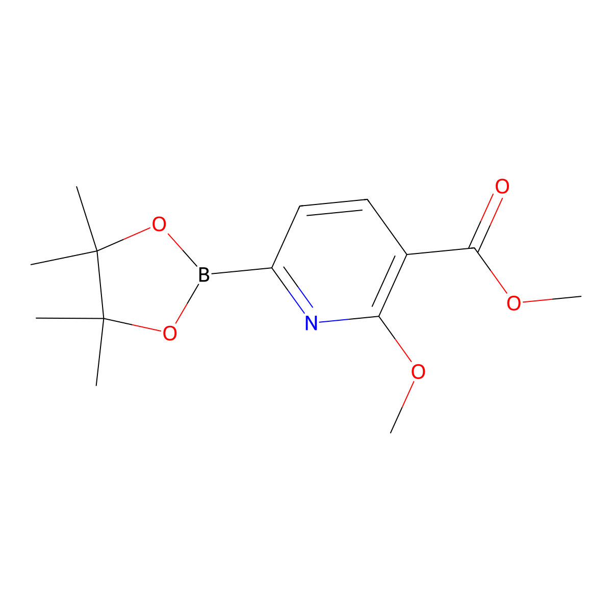 Methyl 2-methoxy-6-(4,4,5,5-tetramethyl-1,3,2-dioxaborolan-2-yl)nicotinate molecular structure, CAS 1246765-27-4