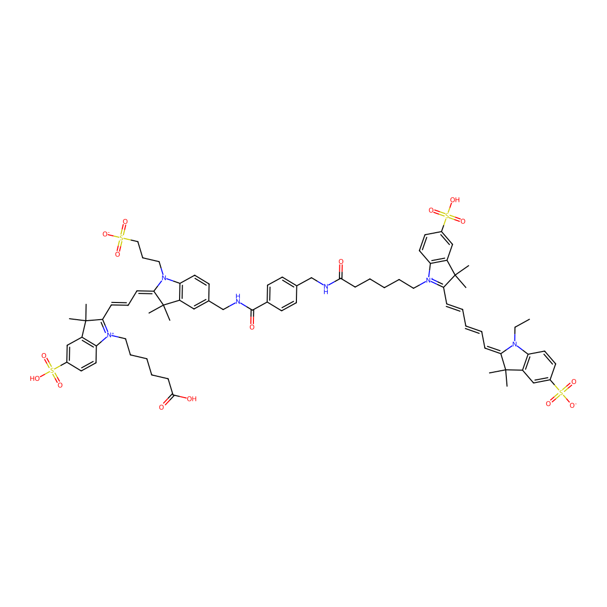trihydrogen 1-ethyl-2-[5-[1-(6-{[(4-{[({2-[3-[1-(5-carboxylatopentyl)-3,3-dimethyl-5-(oxidodioxo-lambda6-sulfanyl)-2,3-dihydro-1H-indol-2-ylidene]prop-1-enyl]-3,3-dimethyl-1-[3-(oxidodioxo-lambda6-sulfanyl)pr opyl]-3H-indol-1-ium-5-yl}methyl)amino]carbonyl}phenyl)m molecular structure, CAS 1246943-88-3