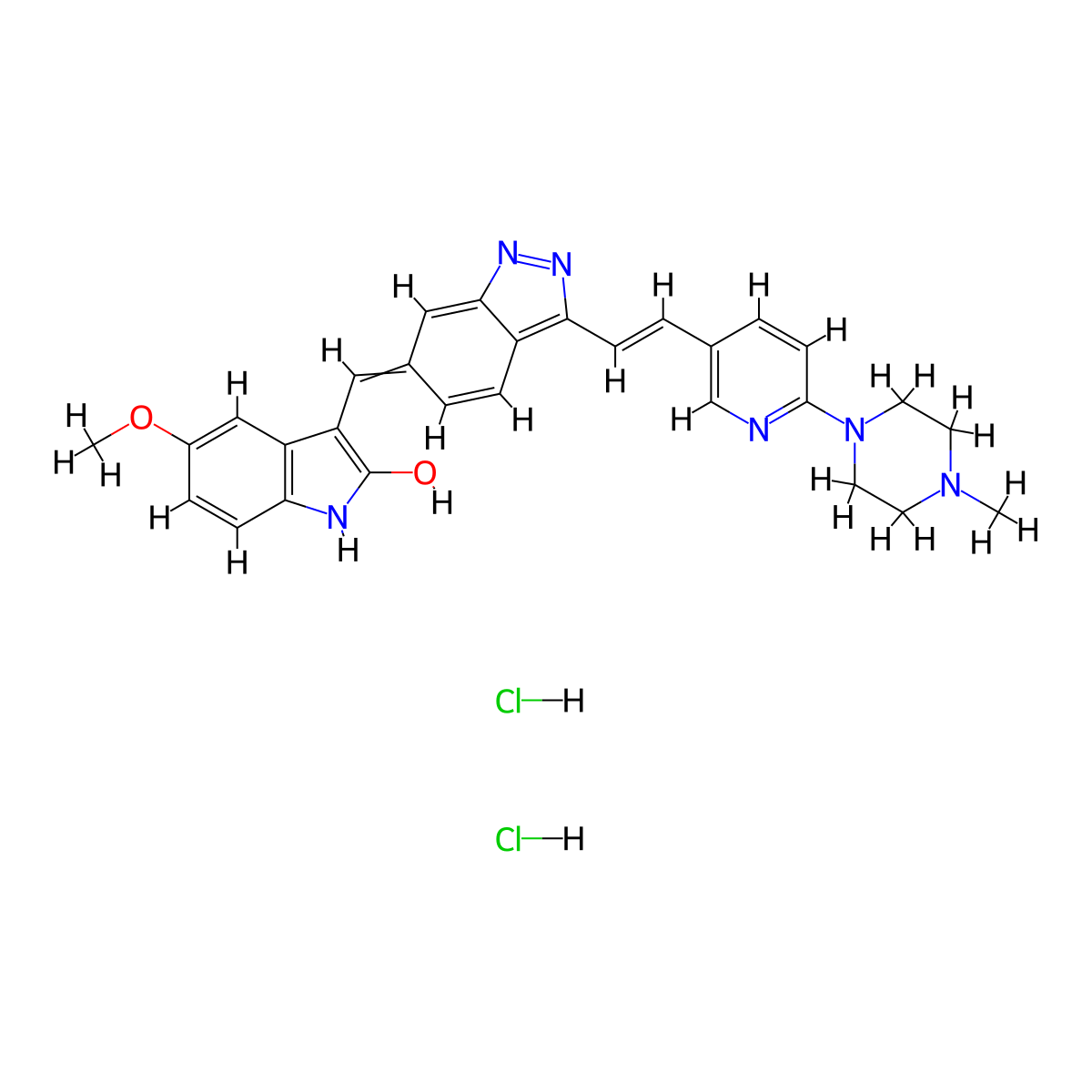 5-methoxy-3-((3-((E)-2-(6-(4-methylpiperazin-1-yl)pyridin-3-yl)vinyl)-1H-indazol-6-yl)methylene)indolin-2-one dihydrochloride molecular structure, CAS 1247000-76-5
