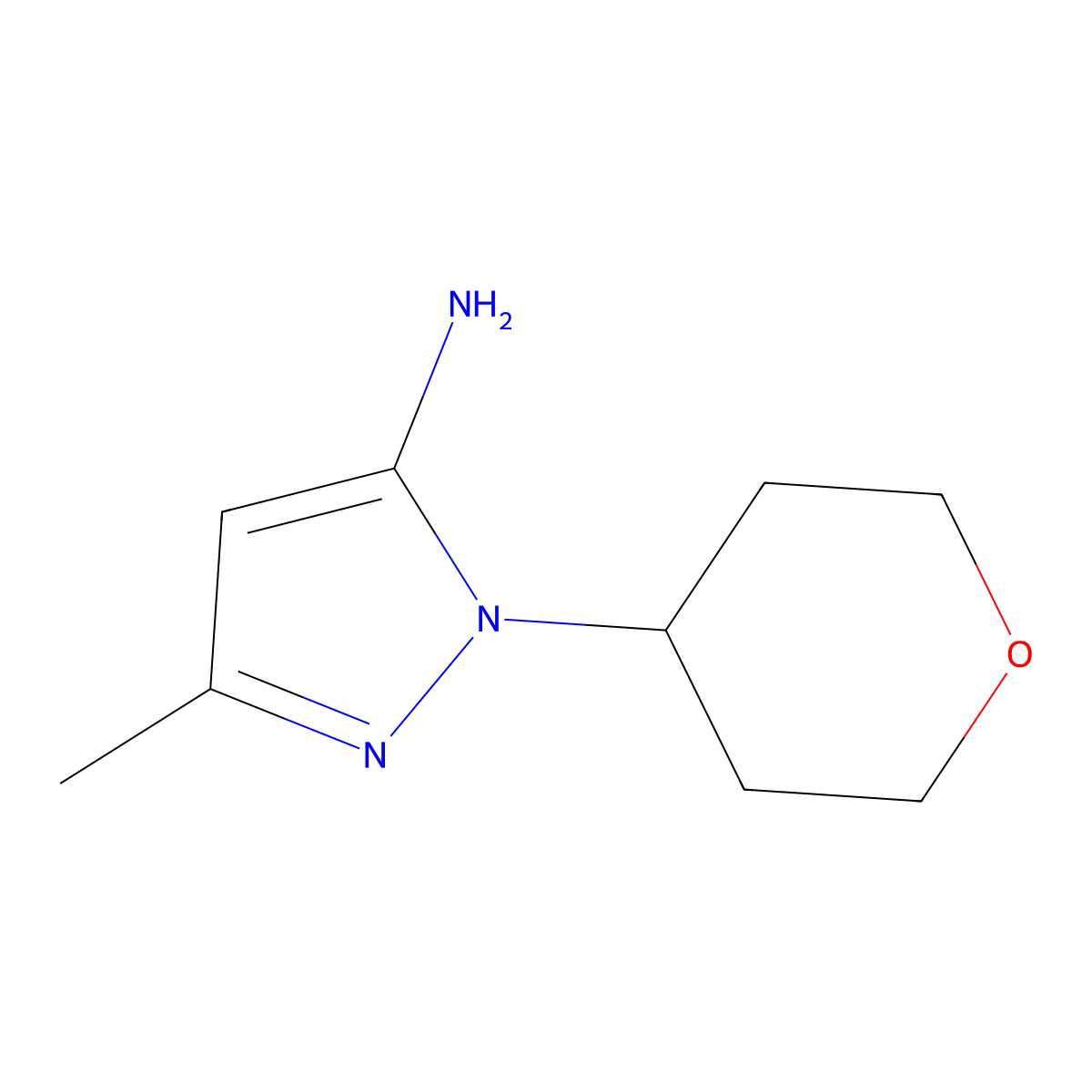 3-methyl-1-(oxan-4-yl)-1H-pyrazol-5-amine molecular structure, CAS 1247075-24-6