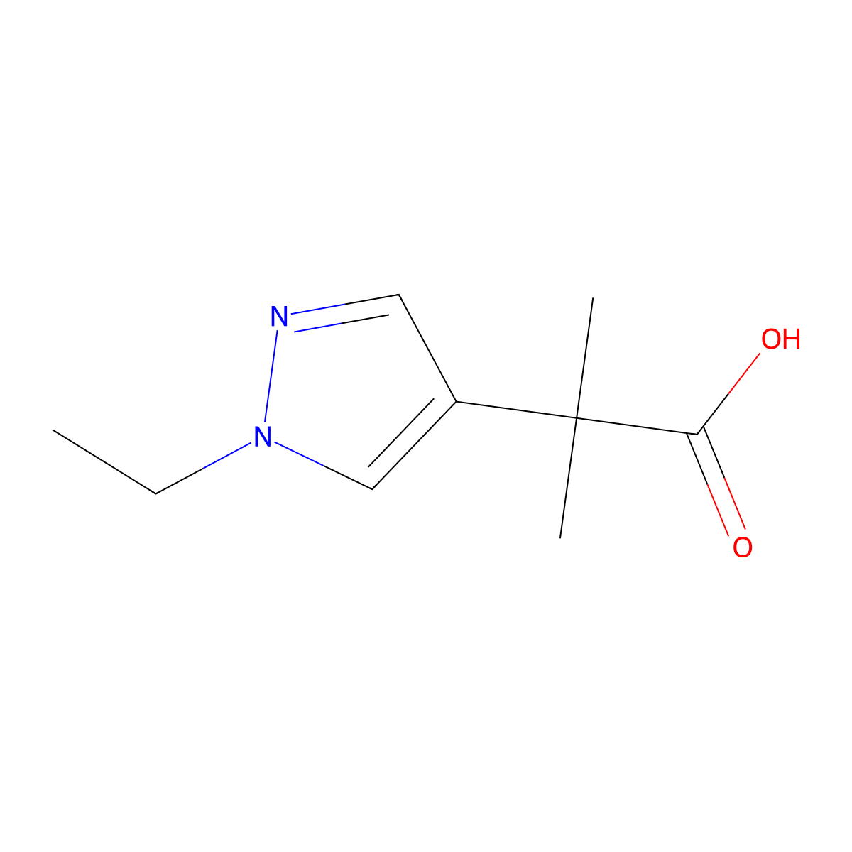 2-(1-ethyl-1H-pyrazol-4-yl)-2-methylpropanoic acid molecular structure, CAS 1247186-50-0