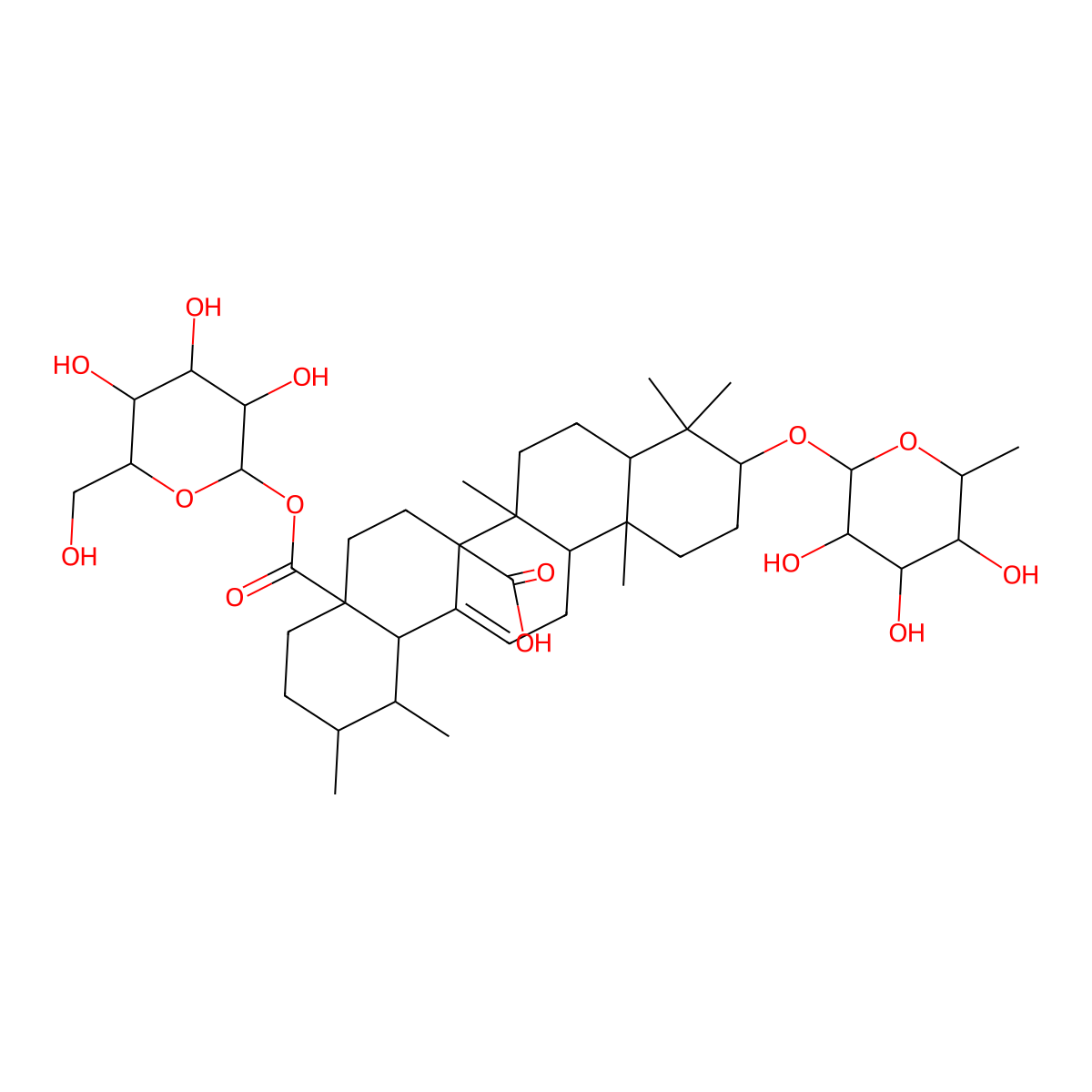 Quinovic acid 3-O-(6-deoxy-beta-D-glucopyranoside) 28-O-beta-D-glucopyranosyl ester molecular structure, CAS 124727-10-2