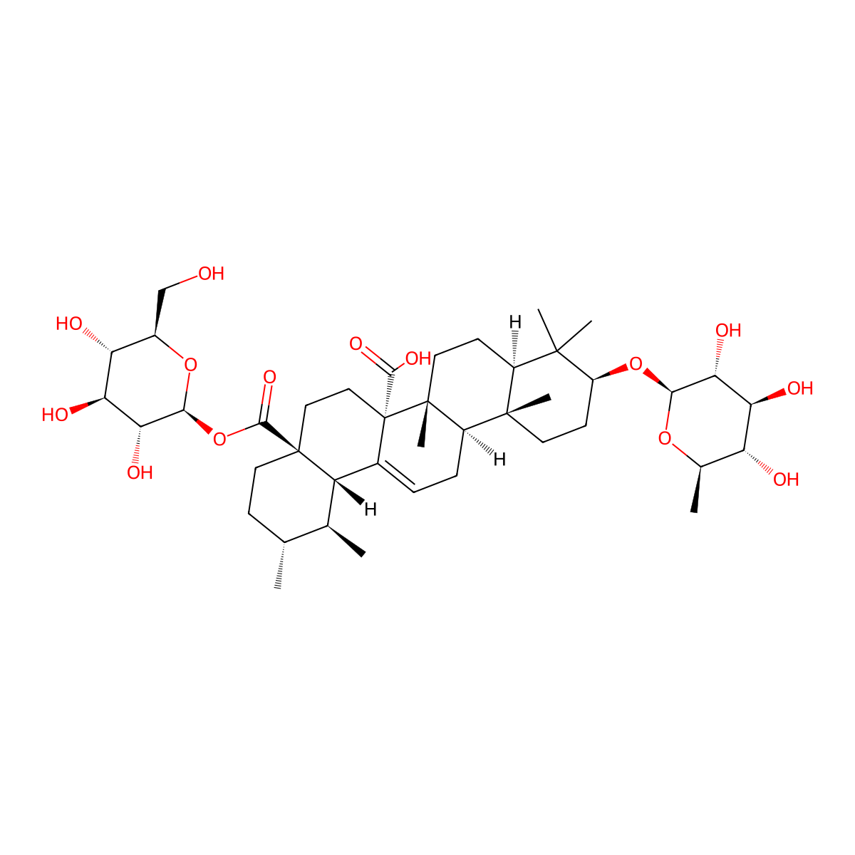 Quinovic acid 3-O-(6-deoxy-beta-D-glucopyranoside) 28-O-beta-D-glucopyranosyl ester molecular structure, CAS 124727-10-2