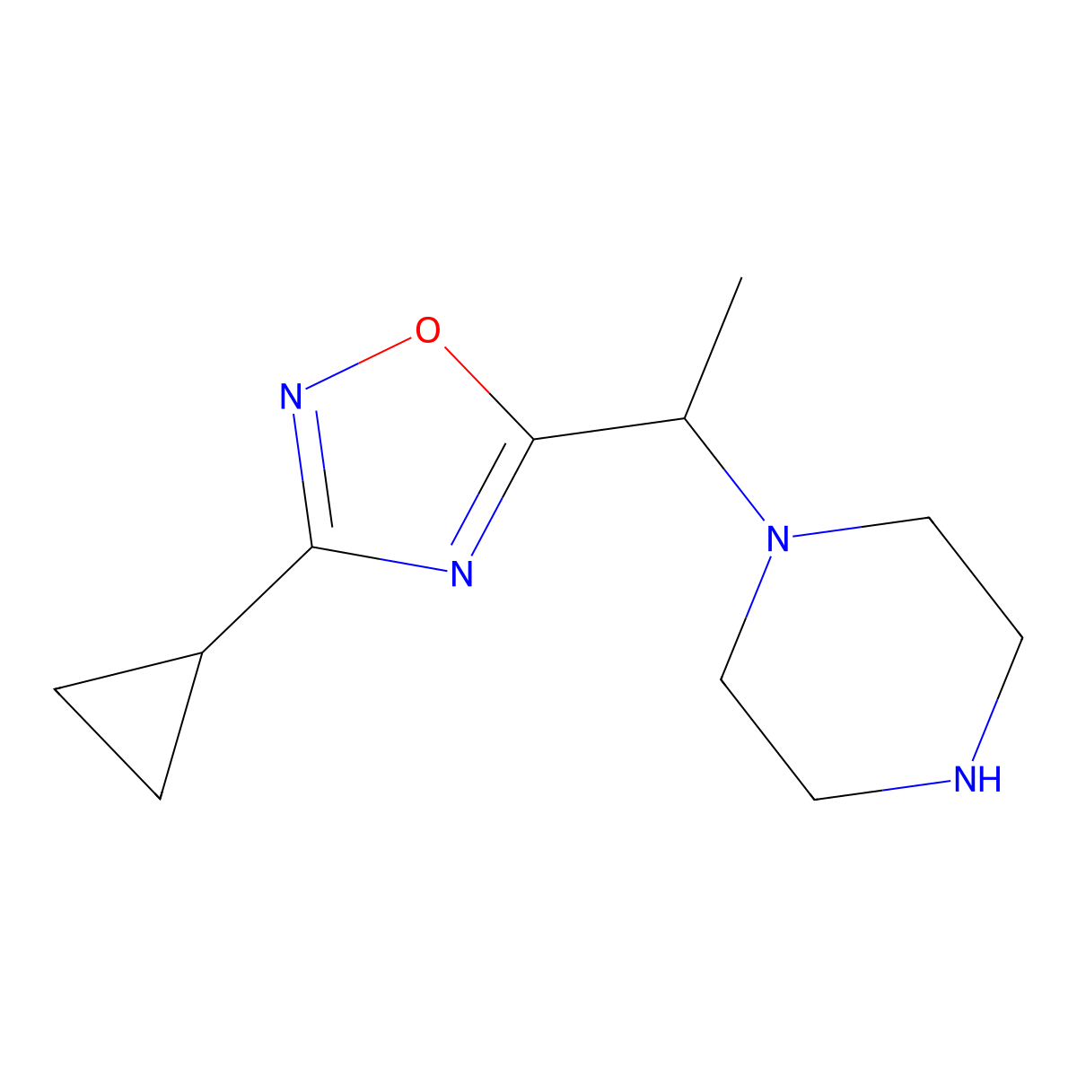 1-[1-(3-Cyclopropyl-1,2,4-oxadiazol-5-yl)ethyl]piperazine molecular structure, CAS 1247576-93-7