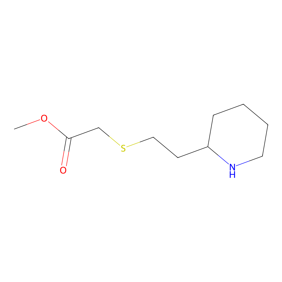 Methyl 2-{[2-(piperidin-2-yl)ethyl]sulfanyl}acetate molecular structure, CAS 1247585-82-5