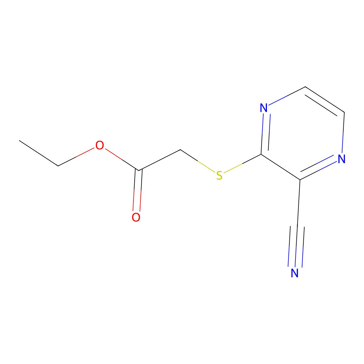 Ethyl 2-((3-cyanopyrazin-2-yl)thio)acetate molecular structure, CAS 1247887-26-8
