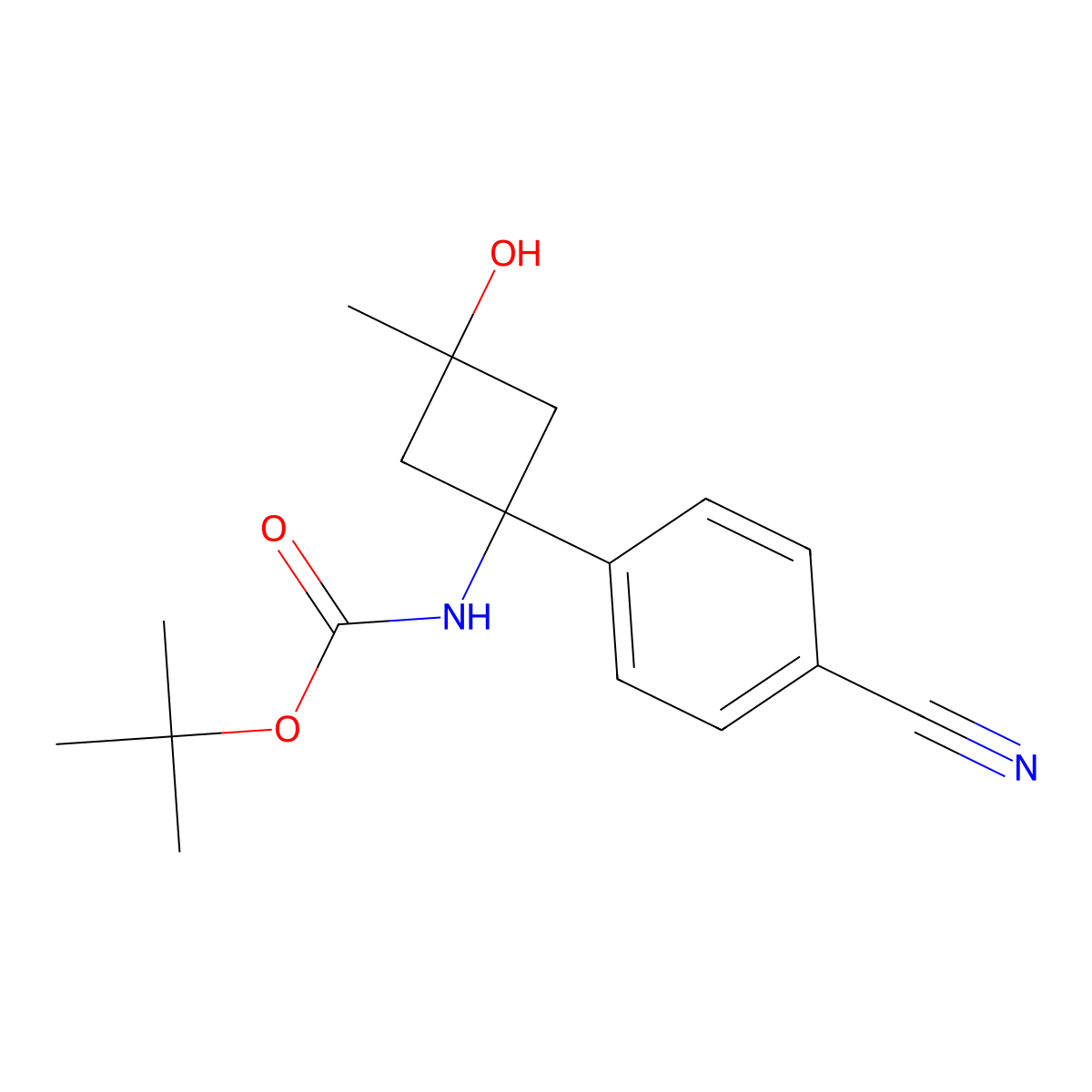 Tert-butyl (1r,3r)-1-(4-cyanophenyl)-3-hydroxy-3-methylcyclobutylcarbamate molecular structure, CAS 1247897-76-2