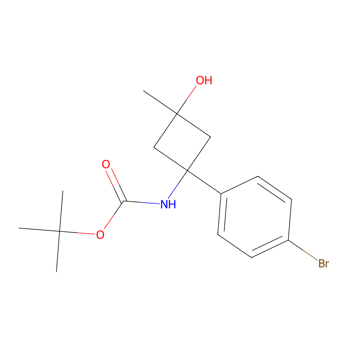 tert-Butyl (1-(4-bromophenyl)-3-hydroxy-3-methylcyclobutyl)carbamate molecular structure, CAS 1247898-38-9