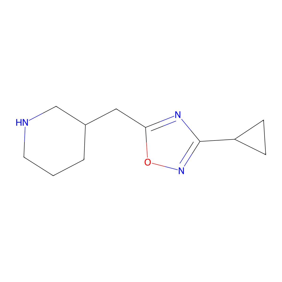 3-Cyclopropyl-5-(piperidin-3-ylmethyl)-1,2,4-oxadiazole molecular structure, CAS 1247982-73-5