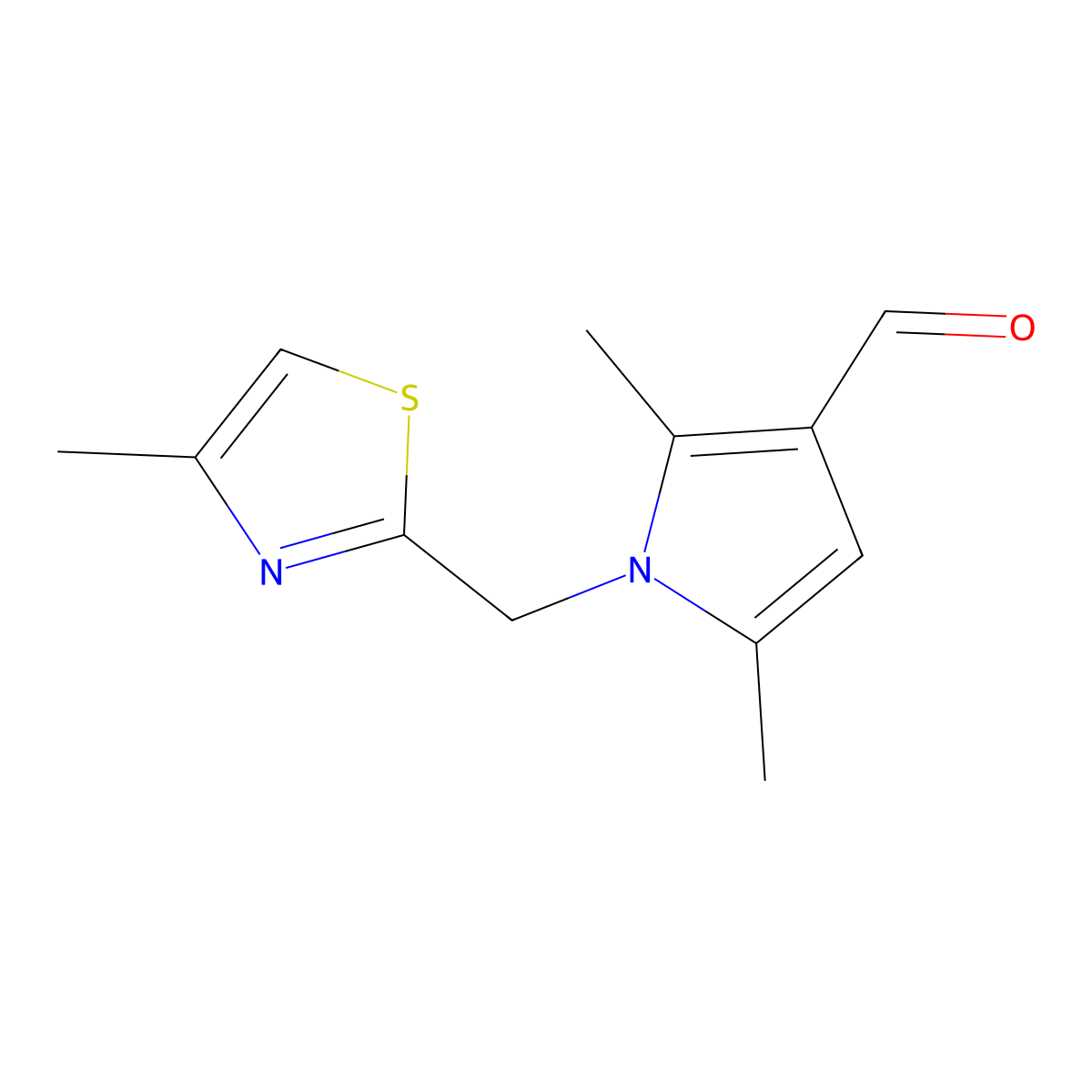 2,5-Dimethyl-1-((4-methylthiazol-2-yl)methyl)-1H-pyrrole-3-carbaldehyde molecular structure, CAS 1248059-28-0