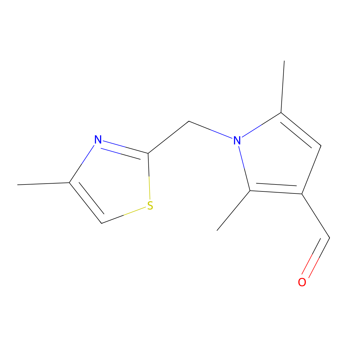 2,5-Dimethyl-1-((4-methylthiazol-2-yl)methyl)-1H-pyrrole-3-carbaldehyde molecular structure, CAS 1248059-28-0