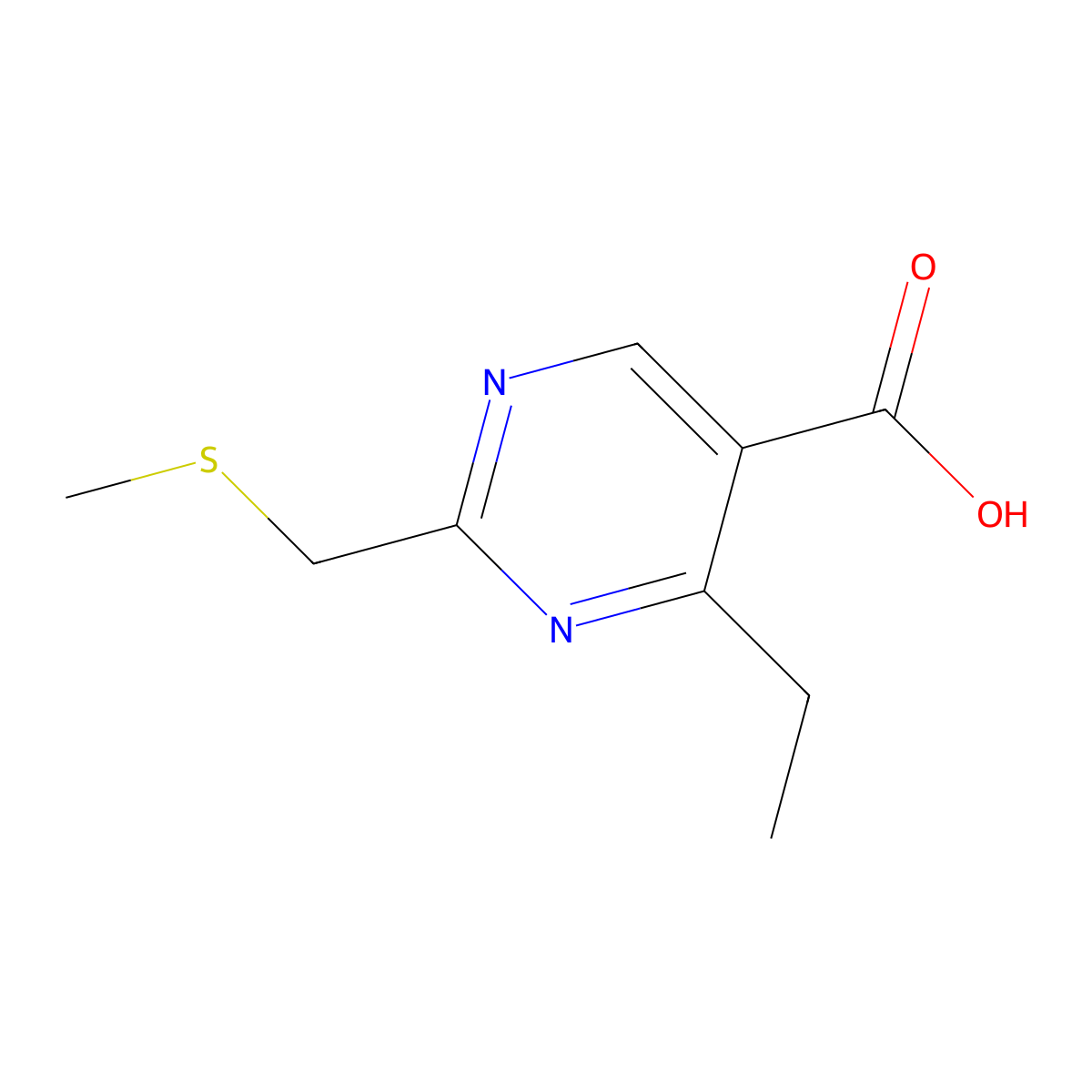 4-Ethyl-2-((methylthio)methyl)pyrimidine-5-carboxylic acid molecular structure, CAS 1248291-21-5