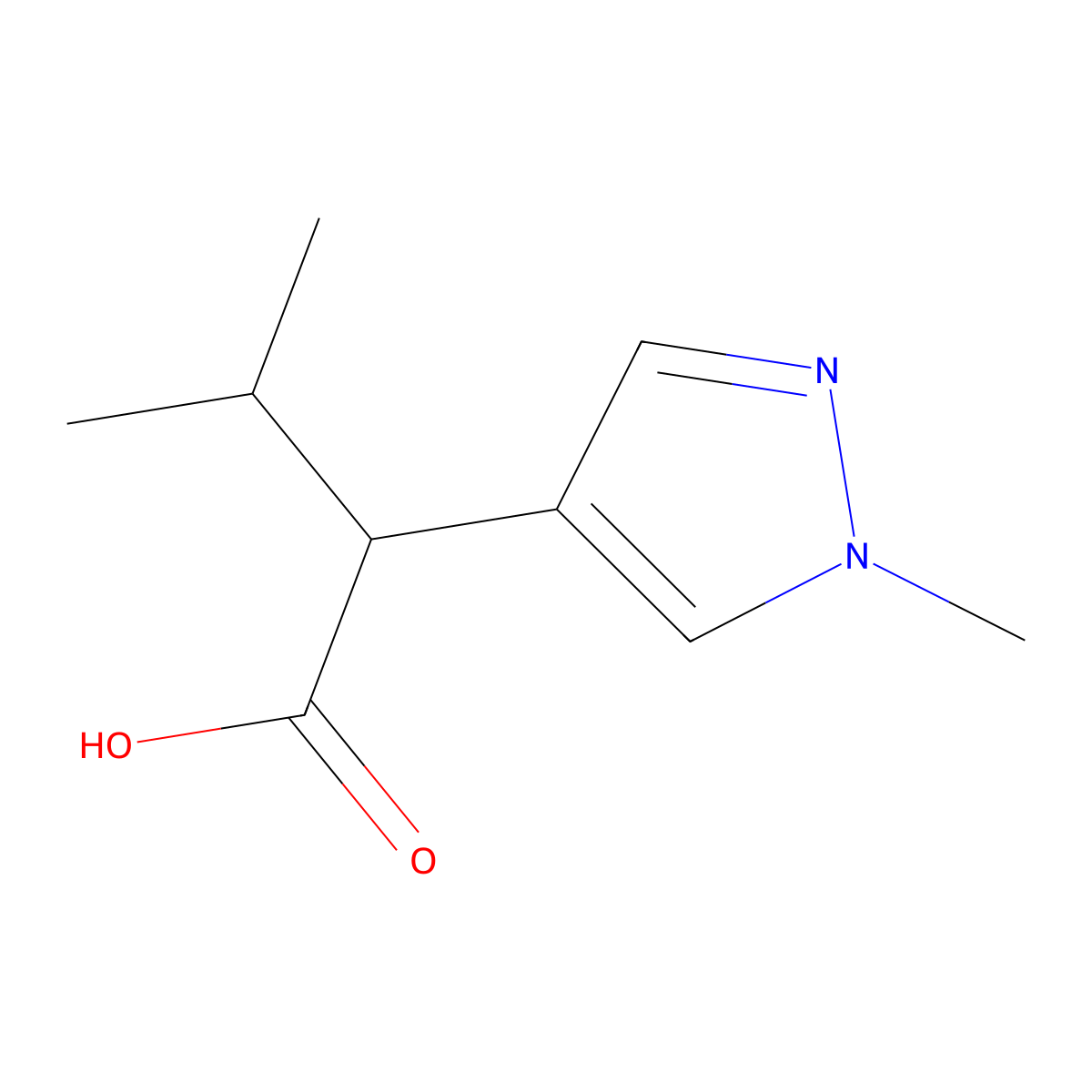 3-methyl-2-(1-methyl-1H-pyrazol-4-yl)butanoic acid molecular structure, CAS 1248324-67-5