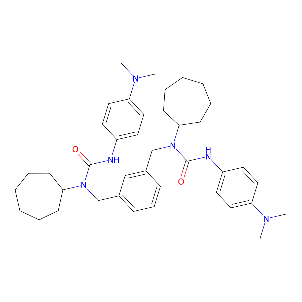 1-Cycloheptyl-1-[[3-[[cycloheptyl-[[4-(dimethylamino)phenyl]carbamoyl]amino]methyl]phenyl]methyl]-3-[4-(dimethylamino)phenyl]urea molecular structure, CAS 124900-72-7
