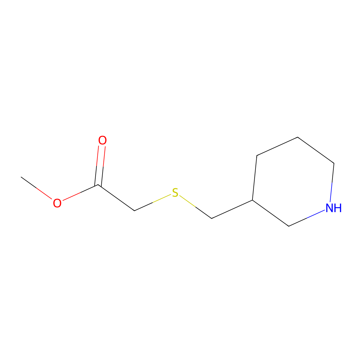 Methyl 2-{[(piperidin-3-yl)methyl]sulfanyl}acetate molecular structure, CAS 1249268-58-3