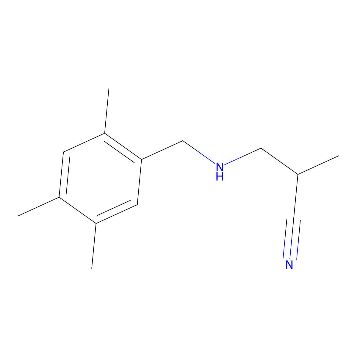 2-Methyl-3-{[(2,4,5-trimethylphenyl)methyl]amino}propanenitrile molecular structure, CAS 1249360-23-3