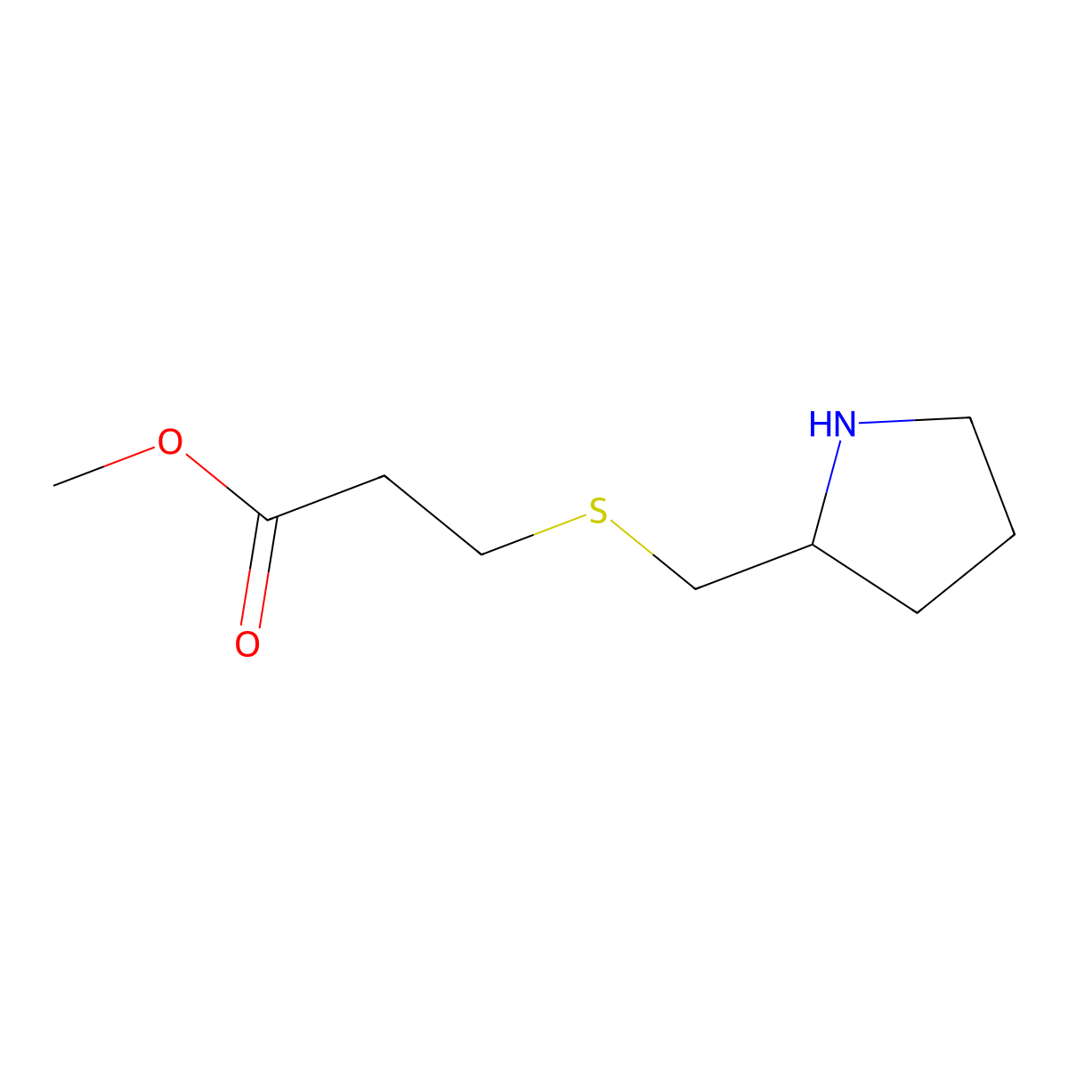 Methyl 3-{[(pyrrolidin-2-yl)methyl]sulfanyl}propanoate molecular structure, CAS 1249399-99-2