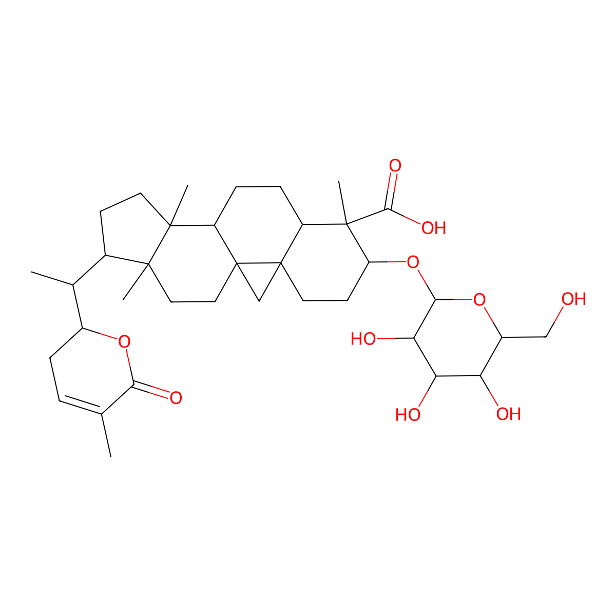 (1S,3R,6S,7S,8R,11S,12S,16R)-7,12,16-Trimethyl-15-[(1S)-1-[(2S)-5-methyl-6-oxo-2,3-dihydropyran-2-yl]ethyl]-6-[(2R,3R,4S,5S,6R)-3,4,5-trihydroxy-6-(hydroxymethyl)oxan-2-yl]oxypentacyclo[9.7.0.01,3.03,8.012,16]octadecane-7-carboxylic acid molecular structure, CAS 124962-06-7