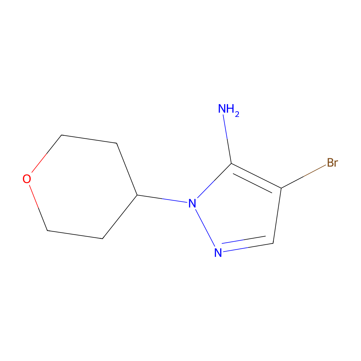 4-Bromo-1-(tetrahydro-2H-pyran-4-yl)-1H-pyrazol-5-amine molecular structure, CAS 1249629-02-4