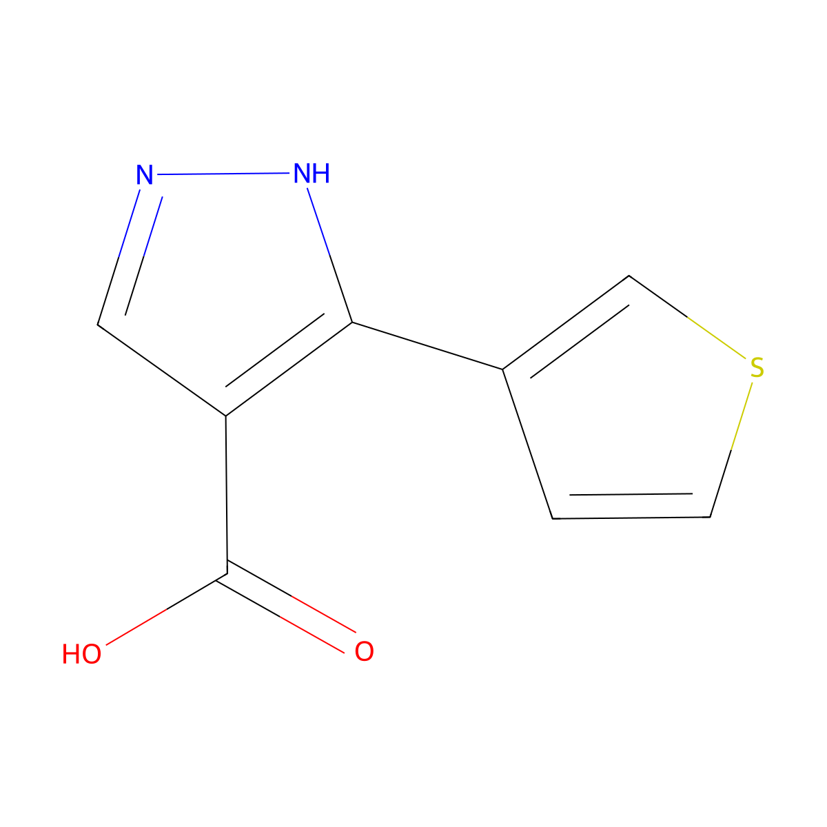 3-(thiophen-3-yl)-1H-pyrazole-4-carboxylic acid molecular structure, CAS 1249642-34-9