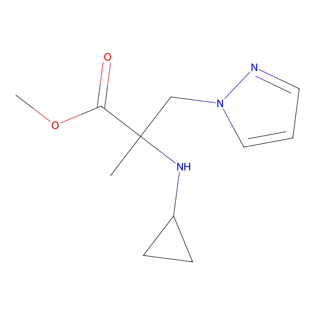 Methyl 2-(cyclopropylamino)-2-methyl-3-(1h-pyrazol-1-yl)propanoate molecular structure, CAS 1249664-53-6