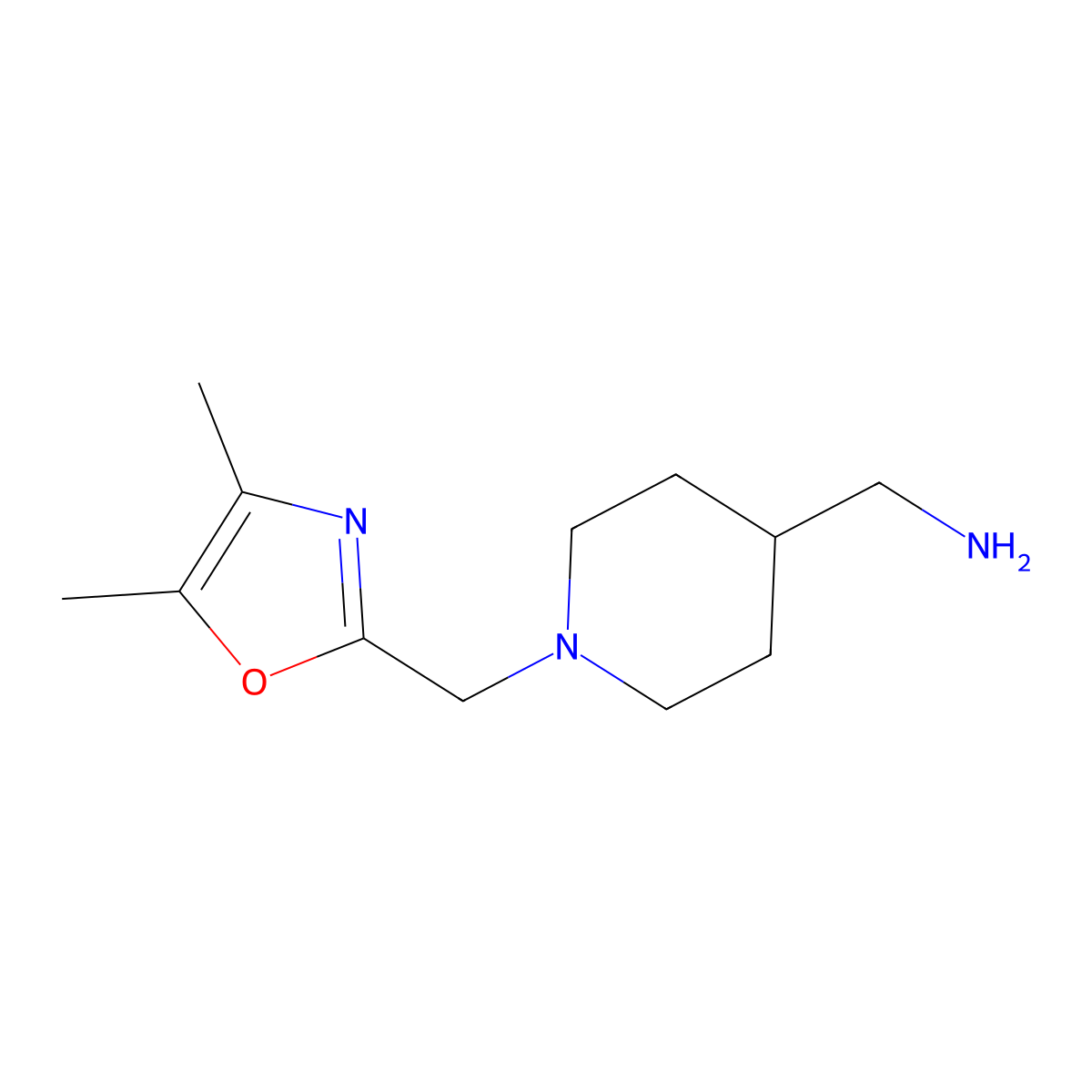 (1-((Dimethyl-1,3-oxazol-2-yl)methyl)piperidin-4-yl)methanamine molecular structure, CAS 1249949-25-4