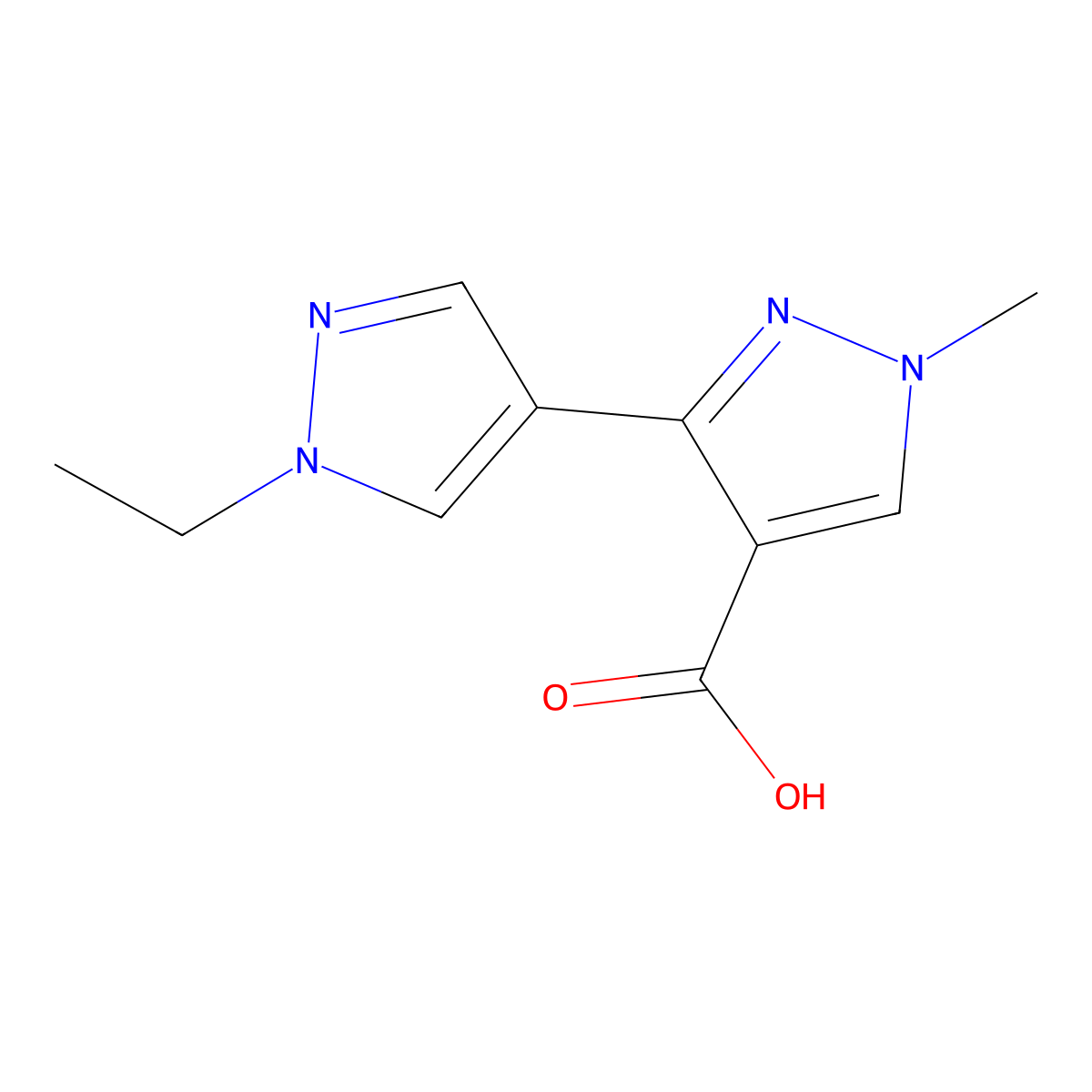 3-(1-ethyl-1H-pyrazol-4-yl)-1-methyl-1H-pyrazole-4-carboxylic acid molecular structure, CAS 1249995-53-6