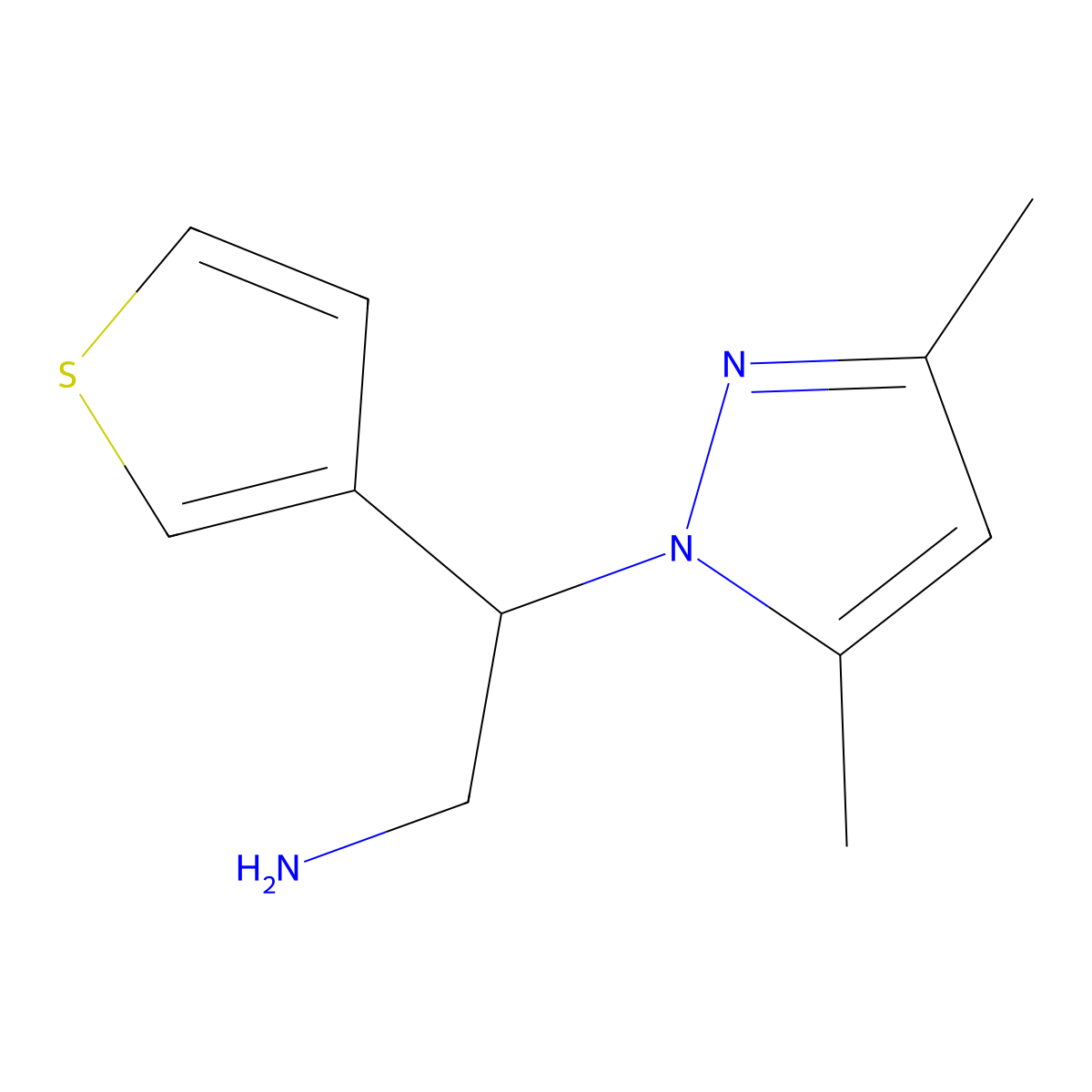 2-(3,5-Dimethyl-1H-pyrazol-1-yl)-2-(thiophen-3-yl)ethan-1-amine molecular structure, CAS 1250017-10-7