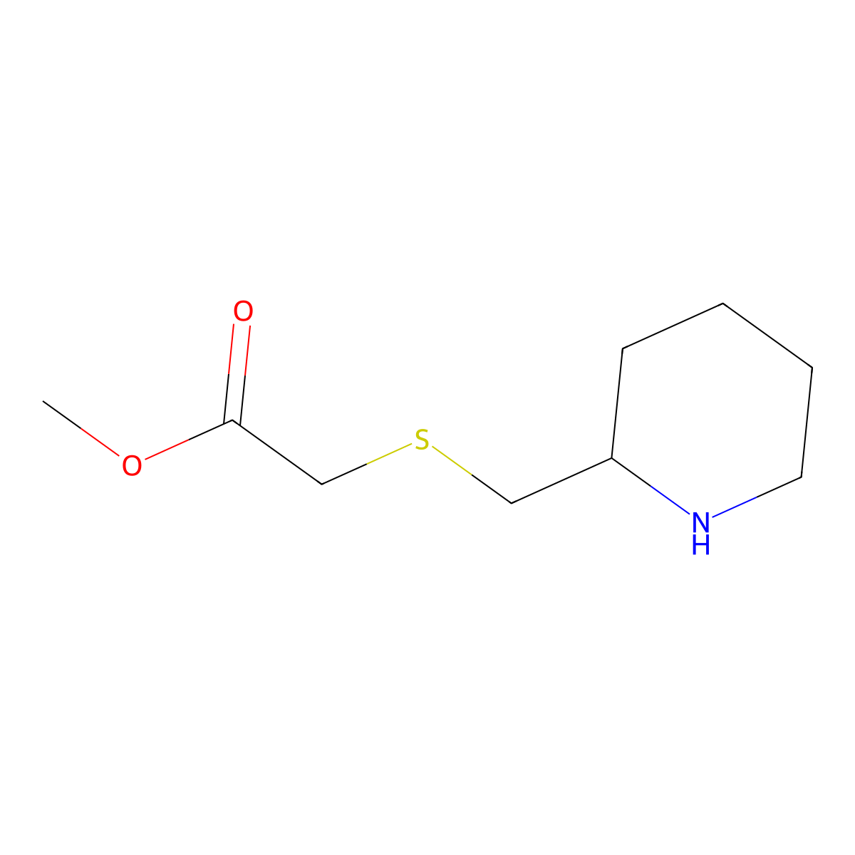 Methyl 2-{[(piperidin-2-yl)methyl]sulfanyl}acetate molecular structure, CAS 1250104-54-1