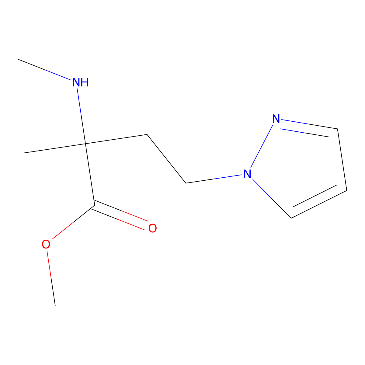 Methyl 2-methyl-2-(methylamino)-4-(1h-pyrazol-1-yl)butanoate molecular structure, CAS 1250119-51-7