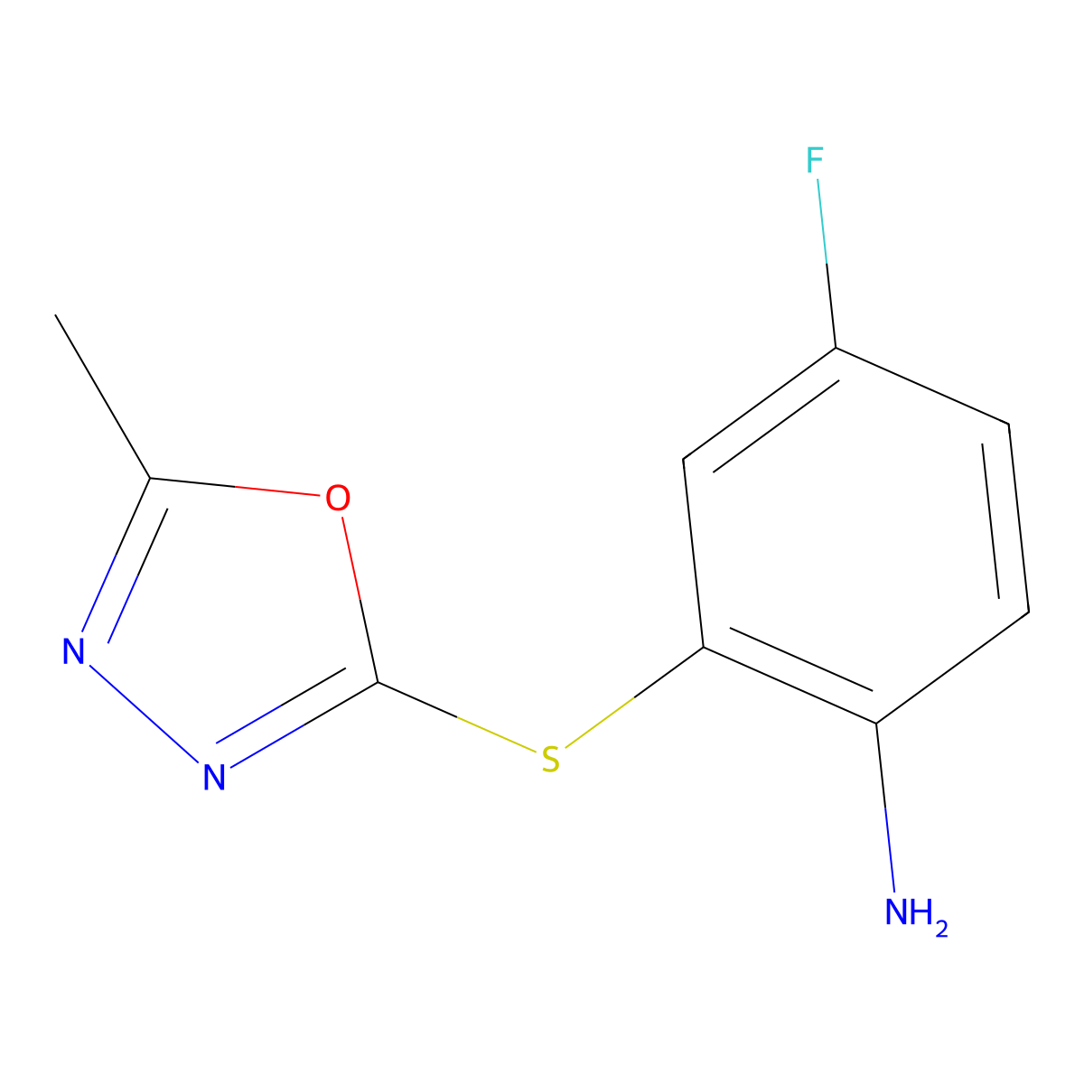 4-Fluoro-2-[(5-methyl-1,3,4-oxadiazol-2-yl)sulfanyl]aniline molecular structure, CAS 1250168-69-4