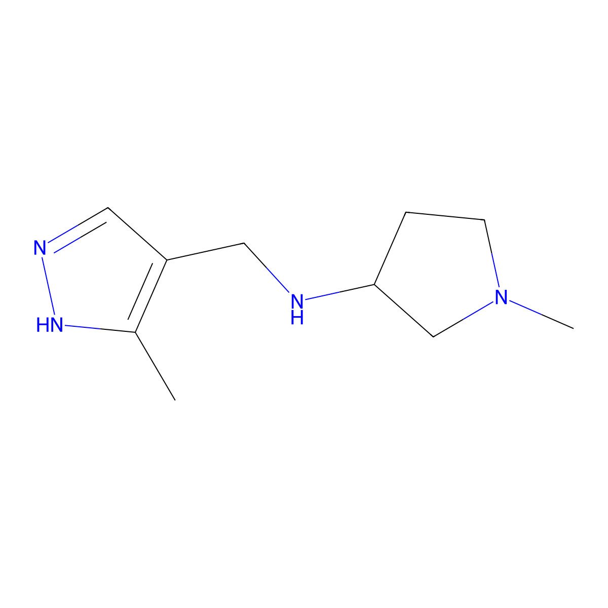 1-Methyl-N-((3-methyl-1H-pyrazol-4-yl)methyl)pyrrolidin-3-amine molecular structure, CAS 1250338-74-9