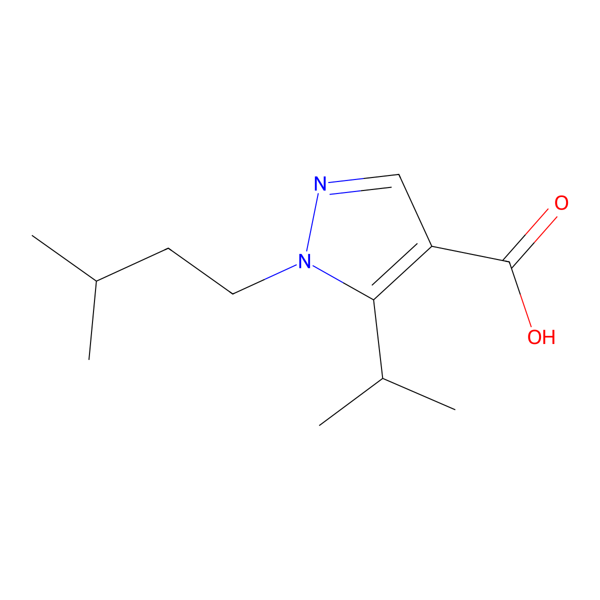 1-(3-methylbutyl)-5-(propan-2-yl)-1H-pyrazole-4-carboxylic acid molecular structure, CAS 1250386-38-9