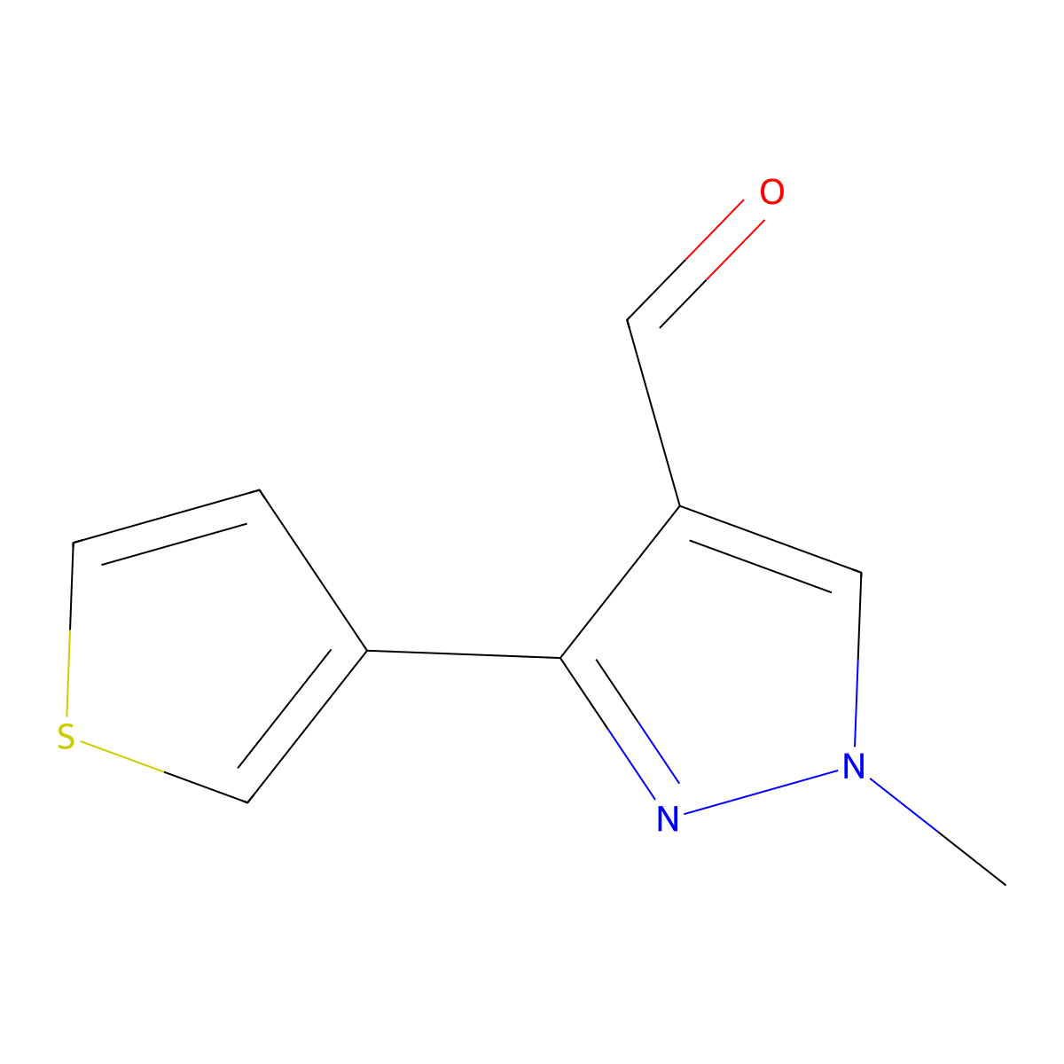 1-methyl-3-(thiophen-3-yl)-1H-pyrazole-4-carbaldehyde molecular structure, CAS 1250480-21-7