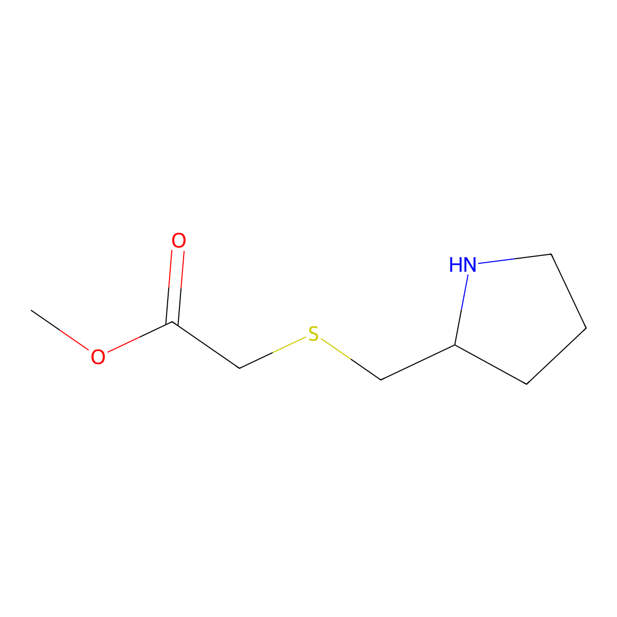 Methyl 2-{[(pyrrolidin-2-yl)methyl]sulfanyl}acetate molecular structure, CAS 1250487-83-2