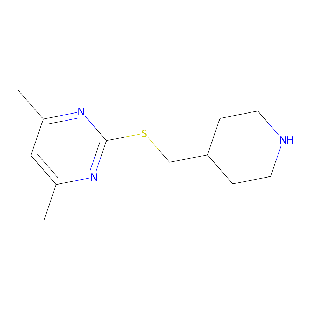 4,6-Dimethyl-2-{[(piperidin-4-yl)methyl]sulfanyl}pyrimidine molecular structure, CAS 1250624-68-0
