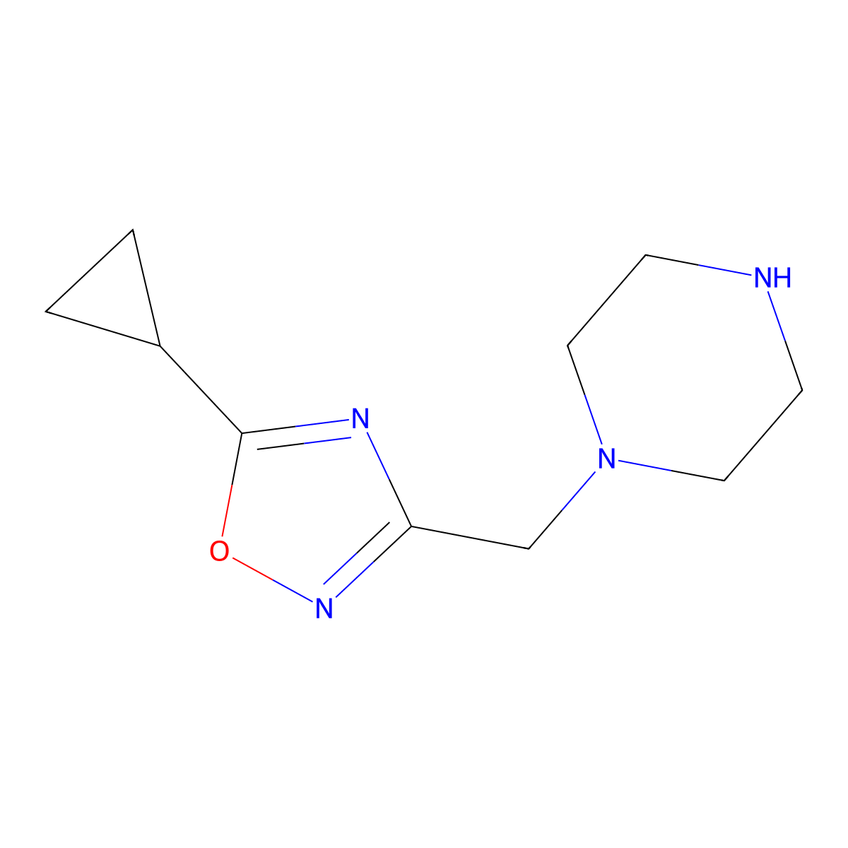 1-[(5-Cyclopropyl-1,2,4-oxadiazol-3-yl)methyl]piperazine molecular structure, CAS 1250650-62-4