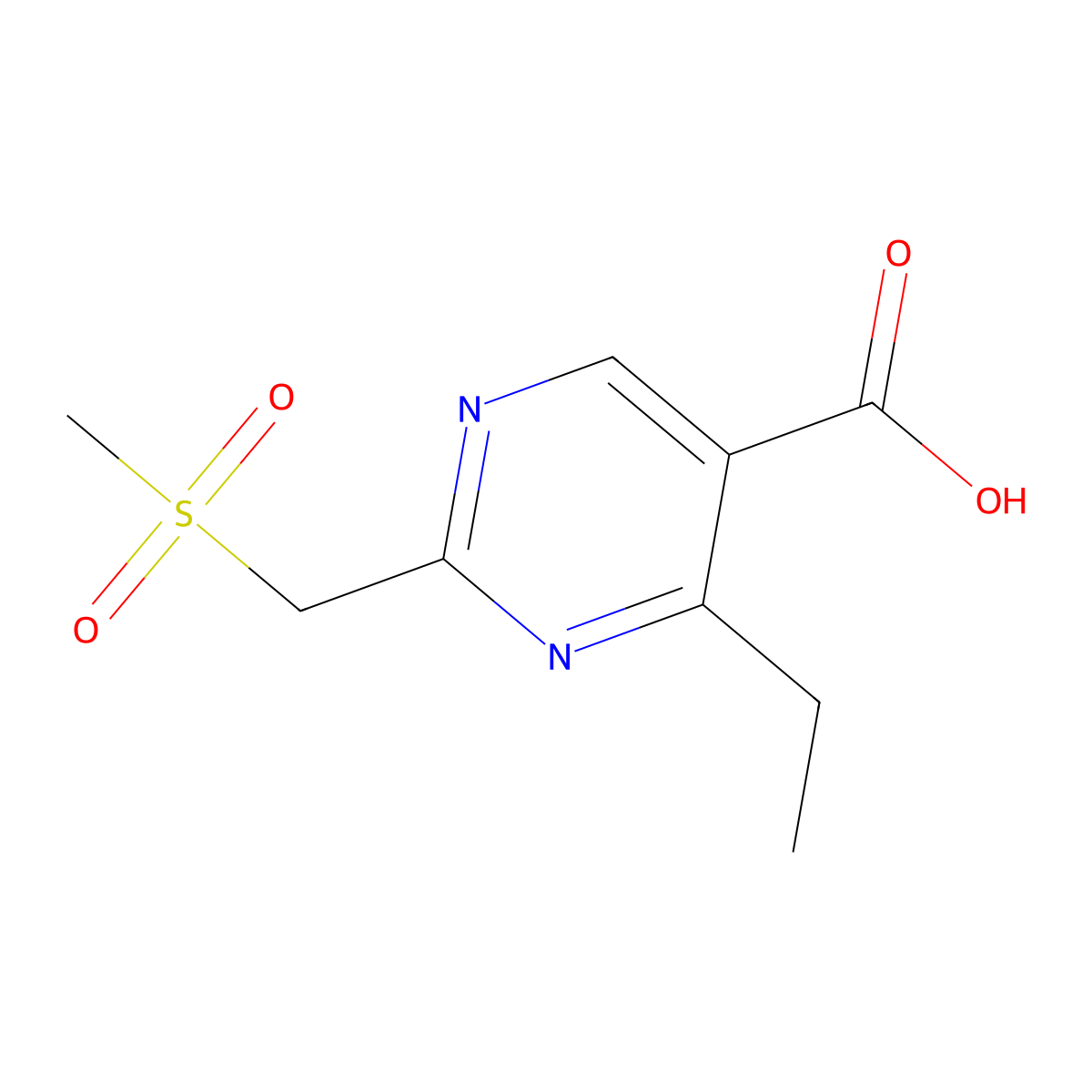4-Ethyl-2-((methylsulfonyl)methyl)pyrimidine-5-carboxylic acid molecular structure, CAS 1250803-76-9