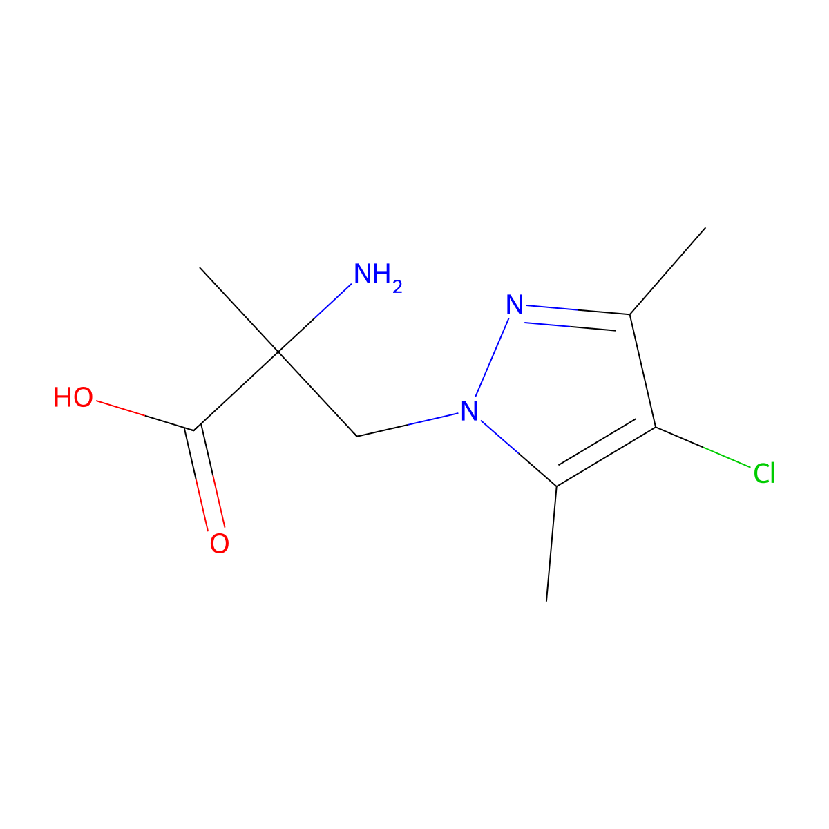 2-amino-3-(4-chloro-3,5-dimethyl-1H-pyrazol-1-yl)-2-methylpropanoic acid molecular structure, CAS 1250925-43-9