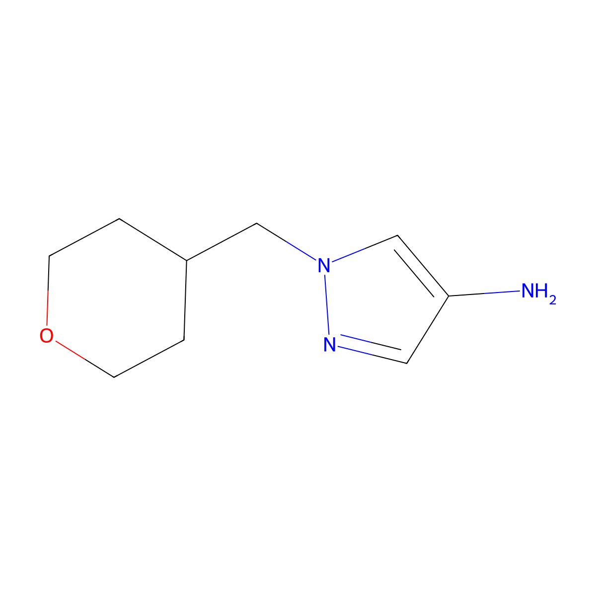 1-((tetrahydro-2H-pyran-4-yl)methyl)-1H-pyrazol-4-amine molecular structure, CAS 1250965-95-7