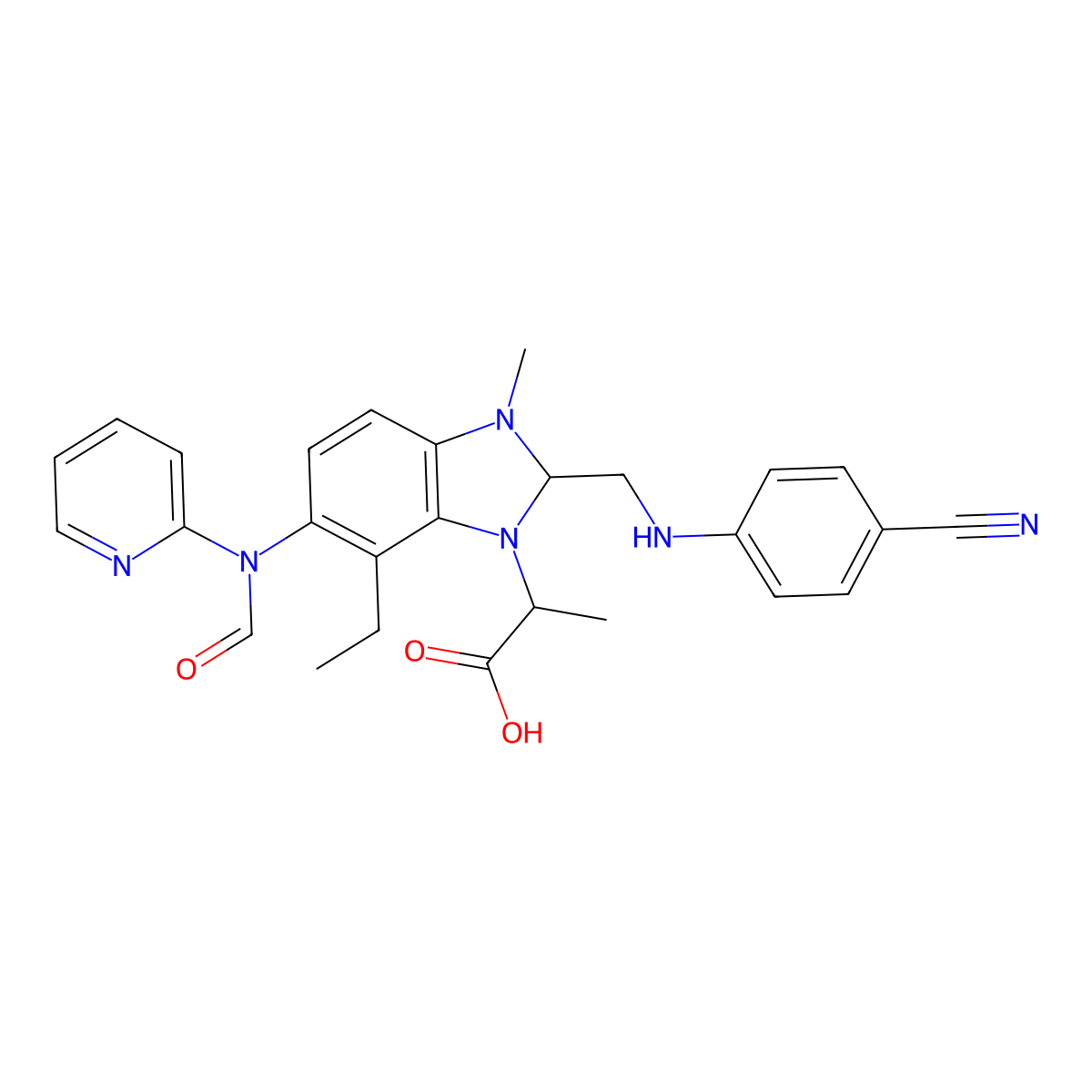 2-(2-(((4-Cyanophenyl)amino)methyl)-7-ethyl-3-methyl-6-(N-(pyridin-2-yl)formamido)-2,3-dihydro-1H-benzo[d]imidazol-1-yl)propanoic acid molecular structure, CAS 1251023-37-6